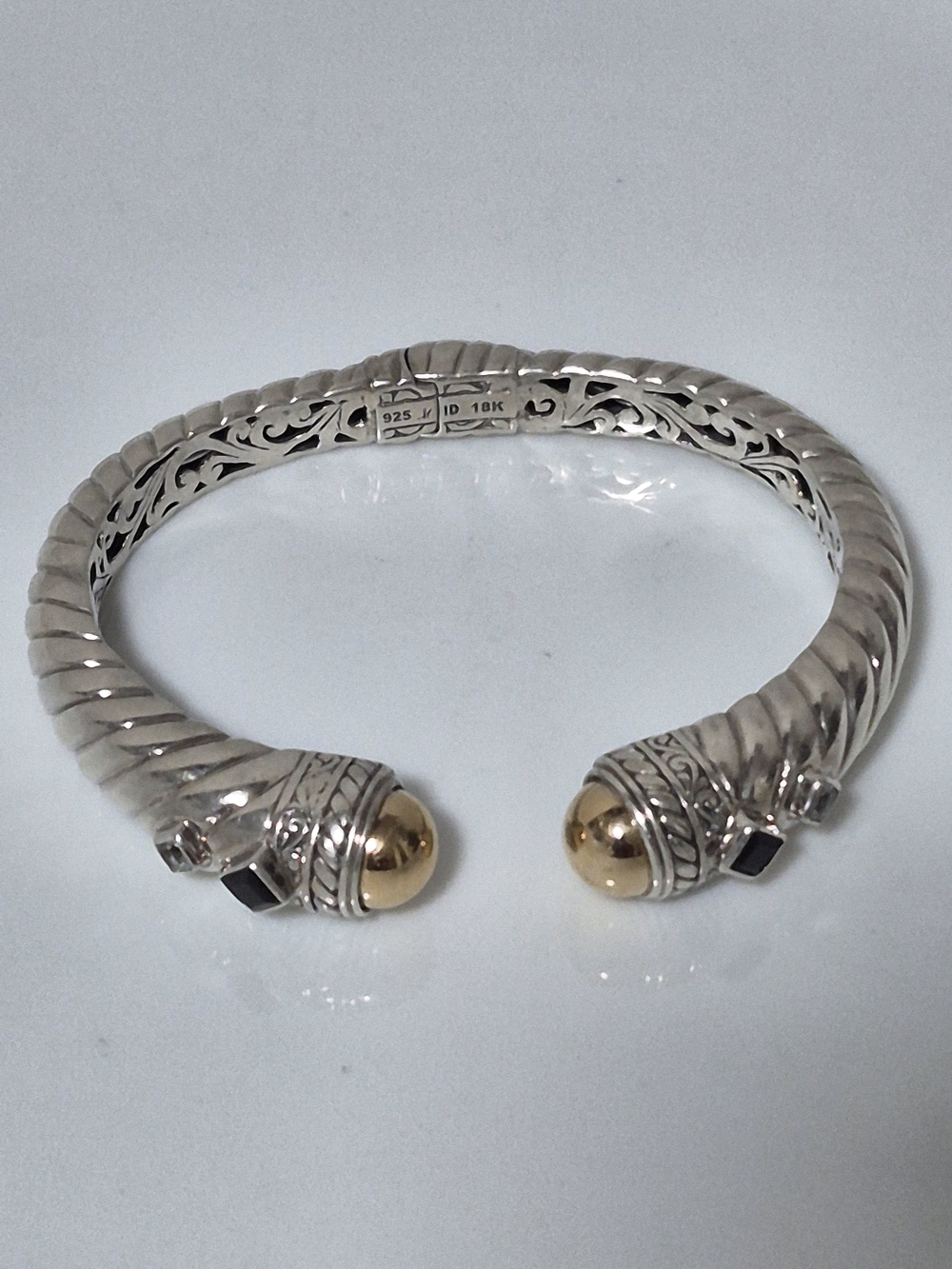 925 Sterling Silver & 18K Gold Hinged Cuff Bracelet Black Garnet 30.8g